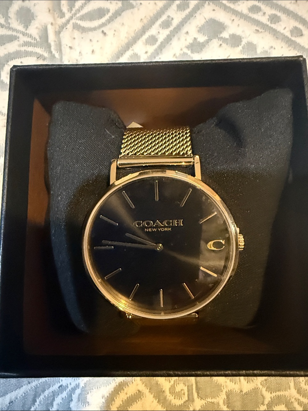 COACH Gold-Tone Mesh Bracelet Watch with Black Dial